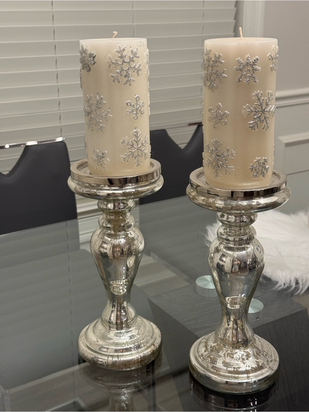 Elegant Silver Pillar Candle Holders with Cream Snowflake Candles